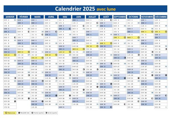 Calendrier 2025 avec phases lunaires