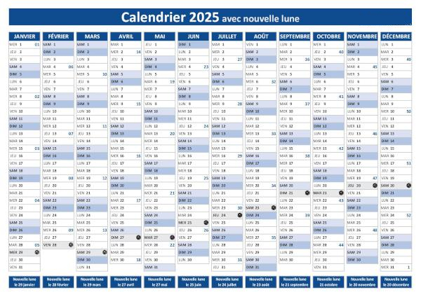 Télécharger et imprimer notre calendrier des phases de lune 2025 incluant les dates des 12 nouvelles lunes Calendrier des phases de lune 2025 avec les dates des nouvelles lunes